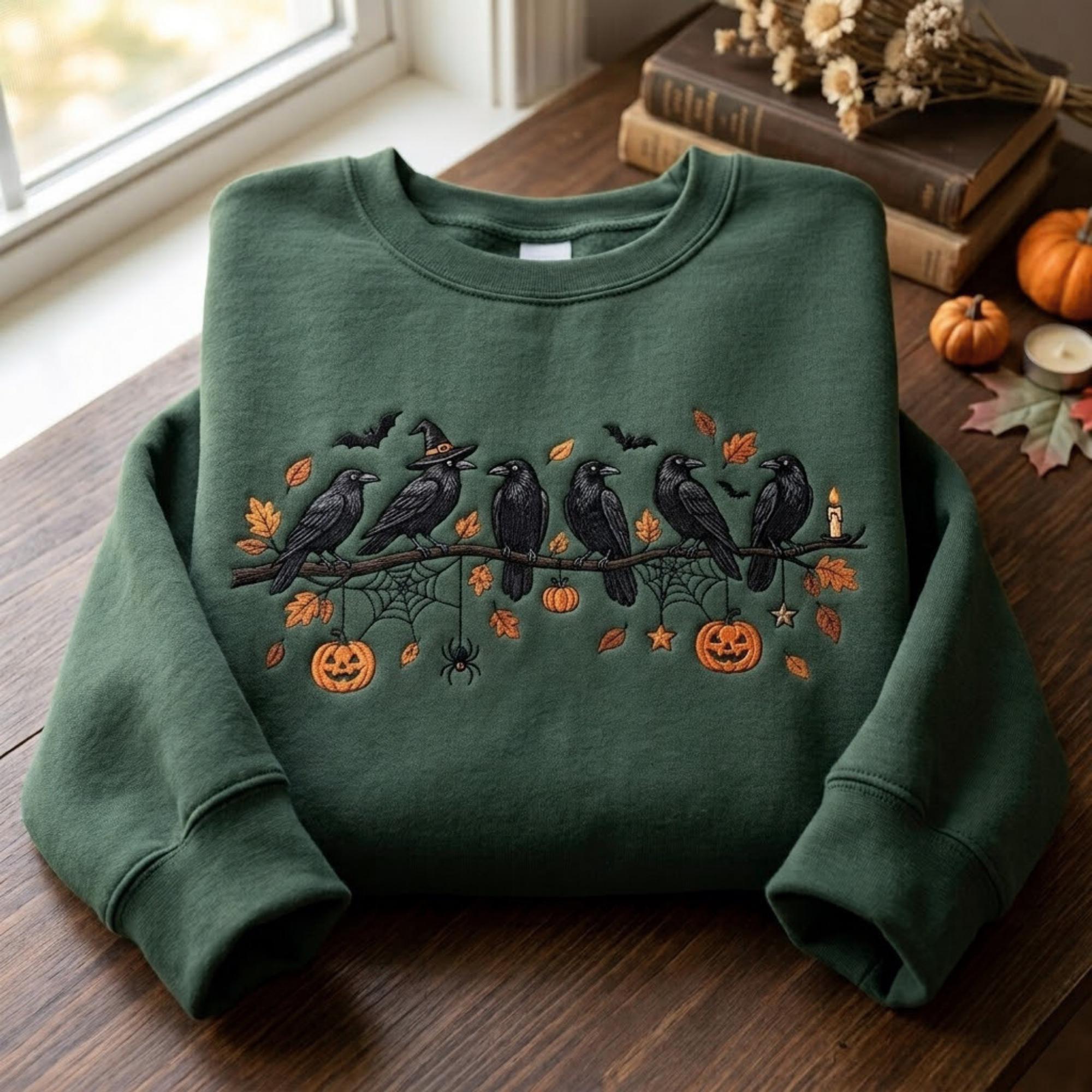 Halloween Crow Embroidered Sweatshirt